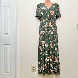 Bloomchic Flutter Sleeve Green Floral Pocket Split Maxi Dress Tropical Chic